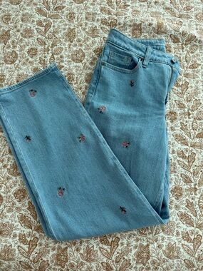 Old Navy Light Blue Straight Leg Jeans with Pink Floral Embroidery